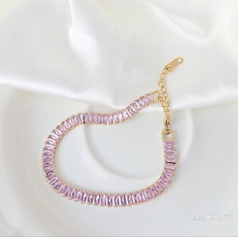 NEW Gold Tennis Bracelet With Pink Emerald Cut Stones - Picture 5 of 7